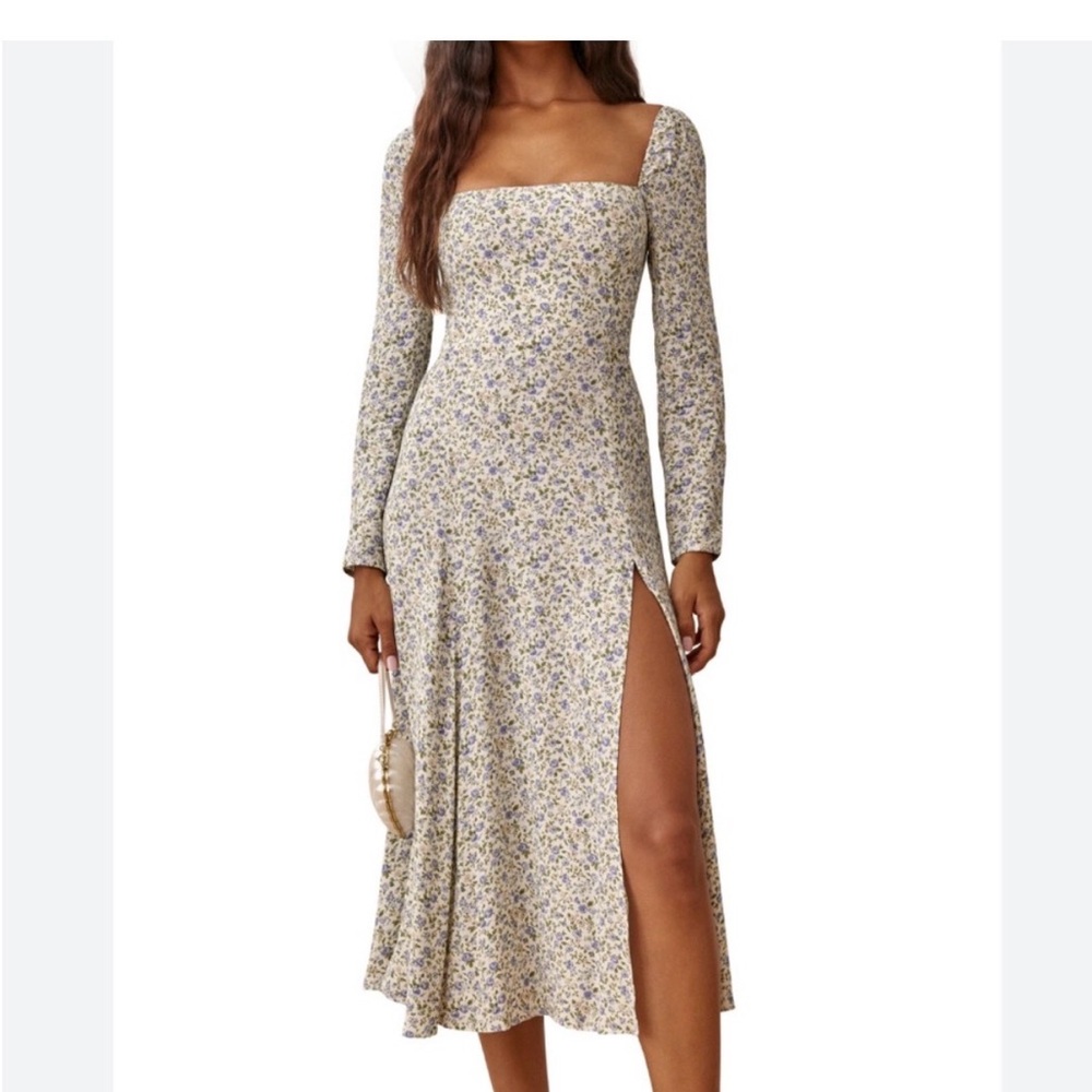 Reformation Sigmund Floral Long Sleeve Dress - Cream,Blue and Green Floral Sz 8